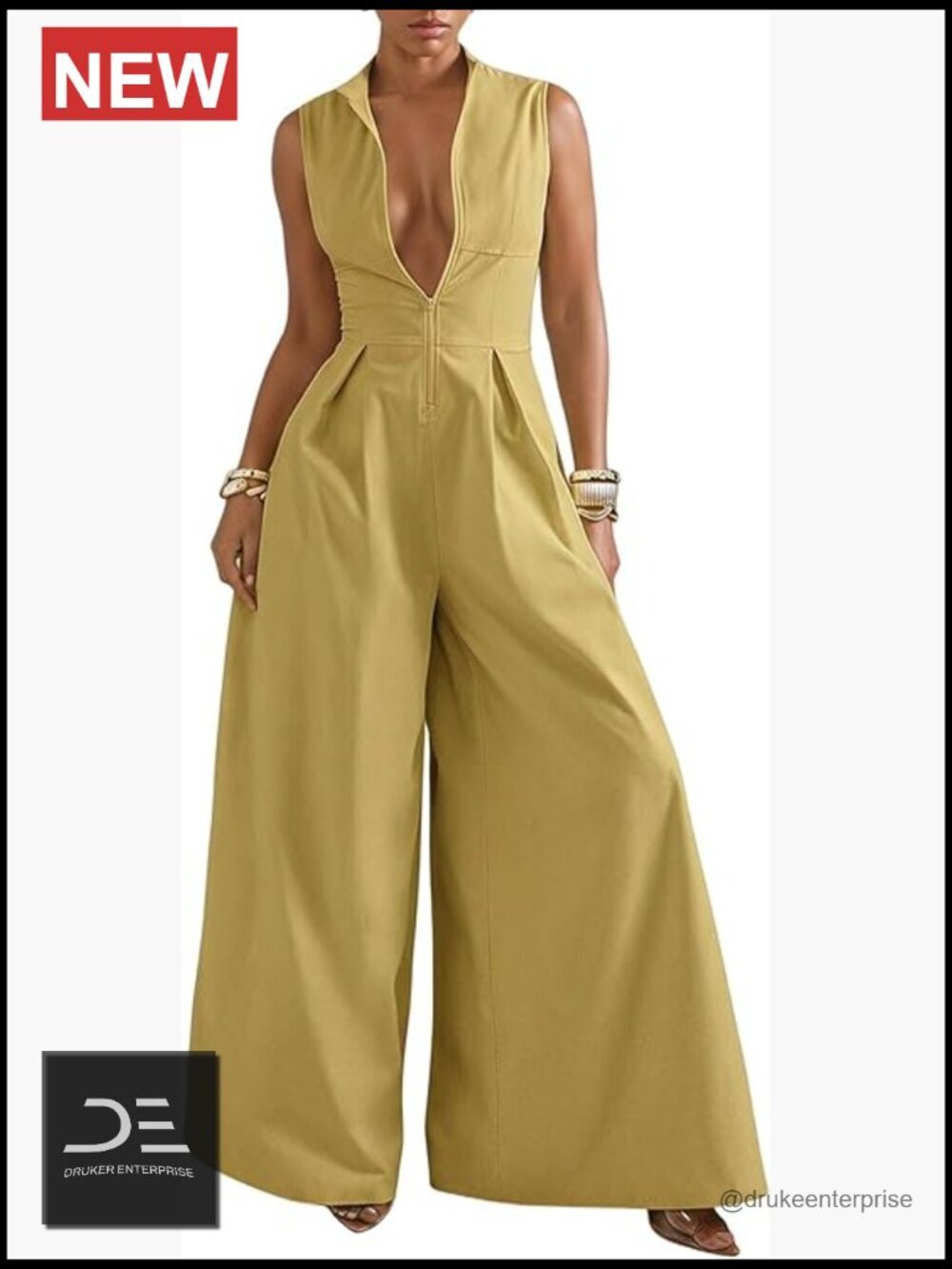 Zip Up Wide Leg Jumpsuit Sleeveless One Piece Formal Dressy Casual